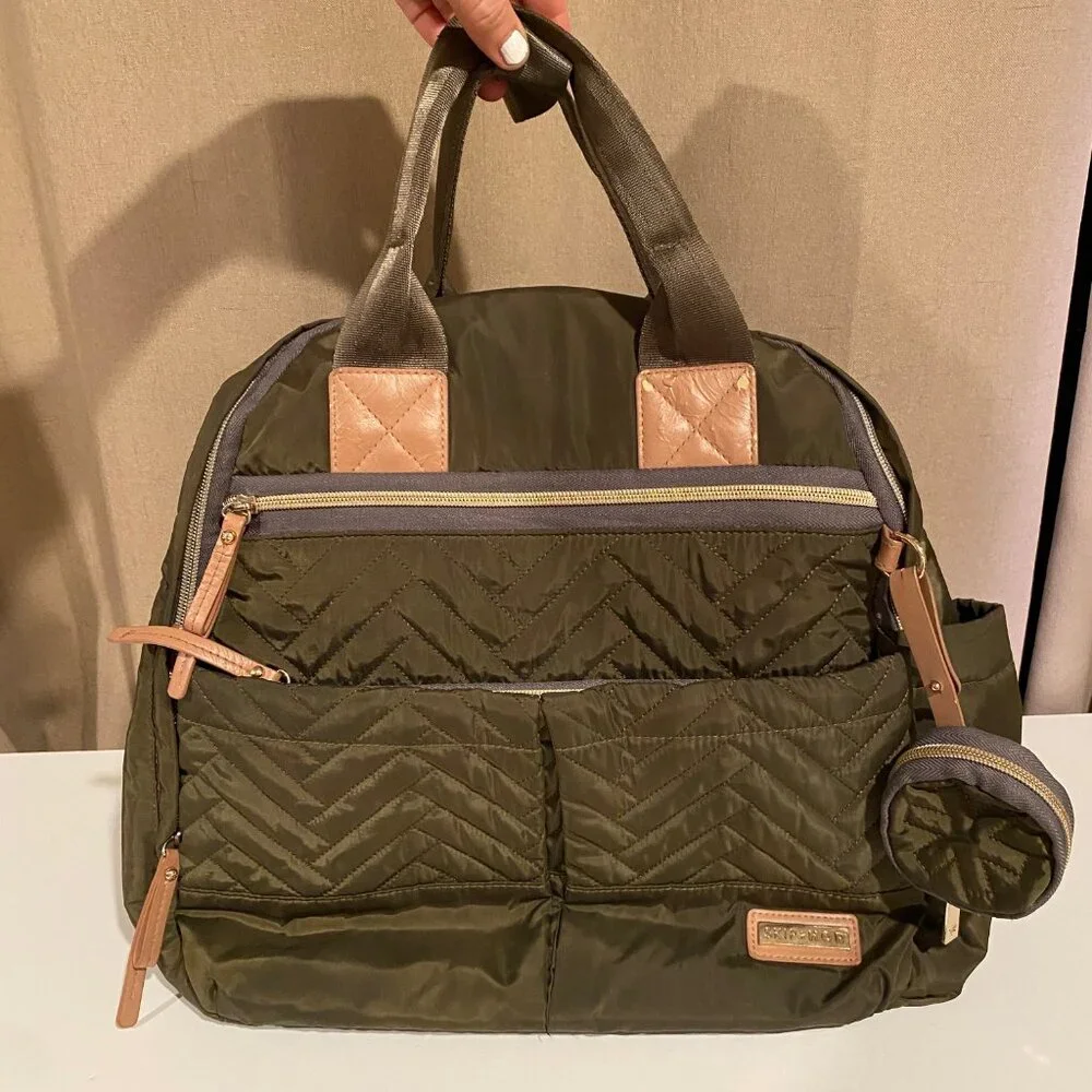 Skip Hop Chelsea 6-in-1 Diaper Backpack Bag Olive Green Quilted 14x16‎ (No Pad)